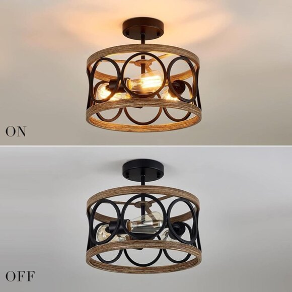New Modern Farmhouse Ceiling Light Fixtures,3-Lights Black and Retro Wood Finish - Picture 7 of 8